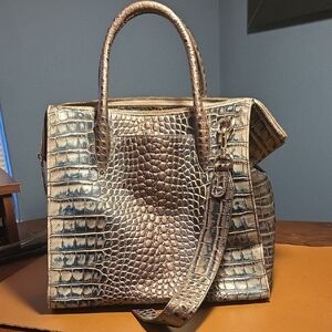 Brahmin Crocodile-Embossed Satchel in Tan and Cream
